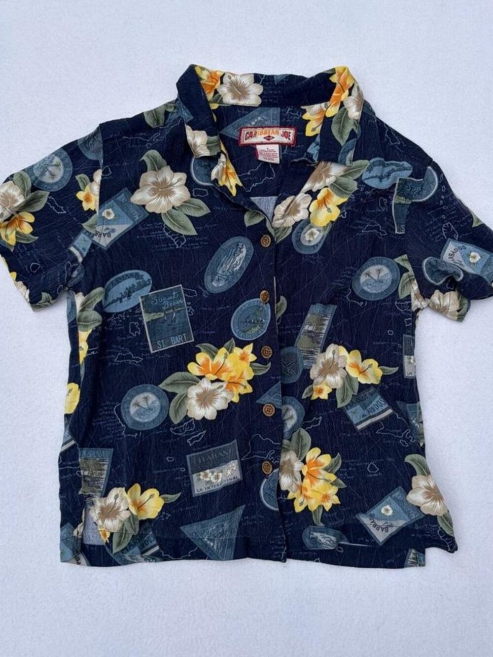 Vintage Caribbean Joe Blue Floral Hawaiian Button-up Short Sleeve Shirt Sz S
